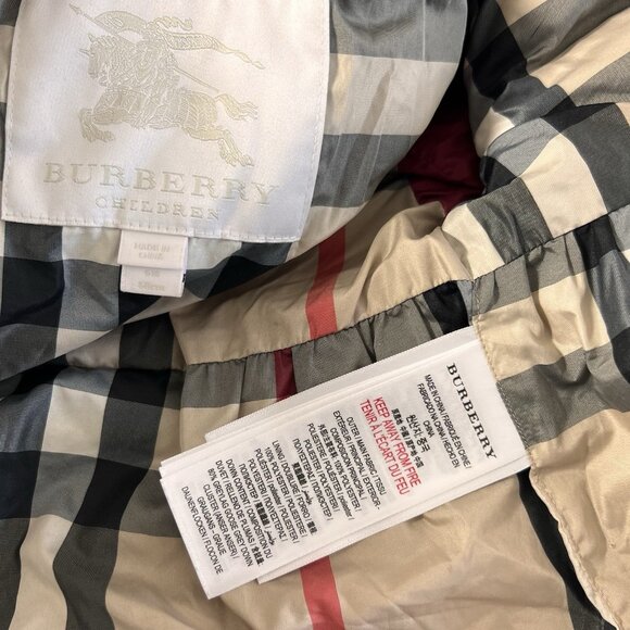 Burberry Puffer Coat Baby Girl 6 Months Maroon Goose Down Hooded Plaid Lined - Picture 4 of 7